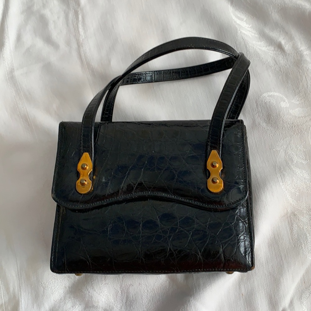 Holliday brand black alligator purse with gold accents double handled purse